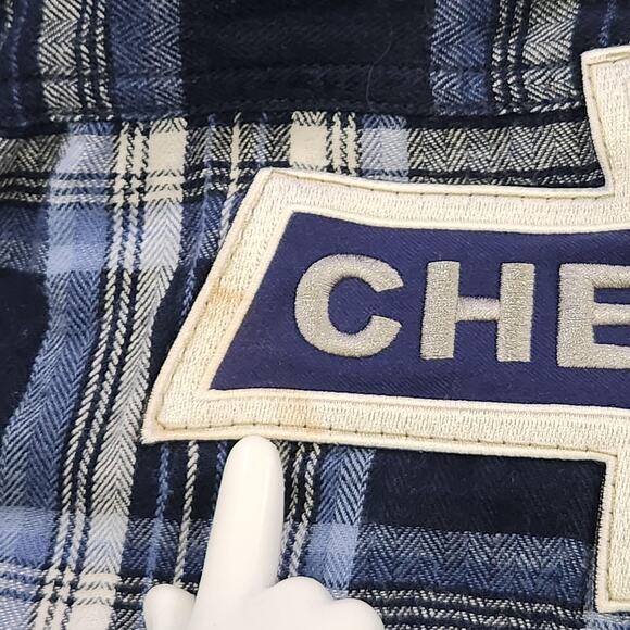 VTG Chevrolet Shirt Mens Large Blue Plaid Flannel Embroiderd Patch Racing USA - Picture 12 of 14